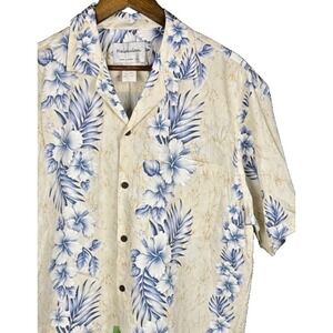 Halekulani Hawaiian Shirt Mens L Beige Blue Cotton Poplin Floral Camp Made in US